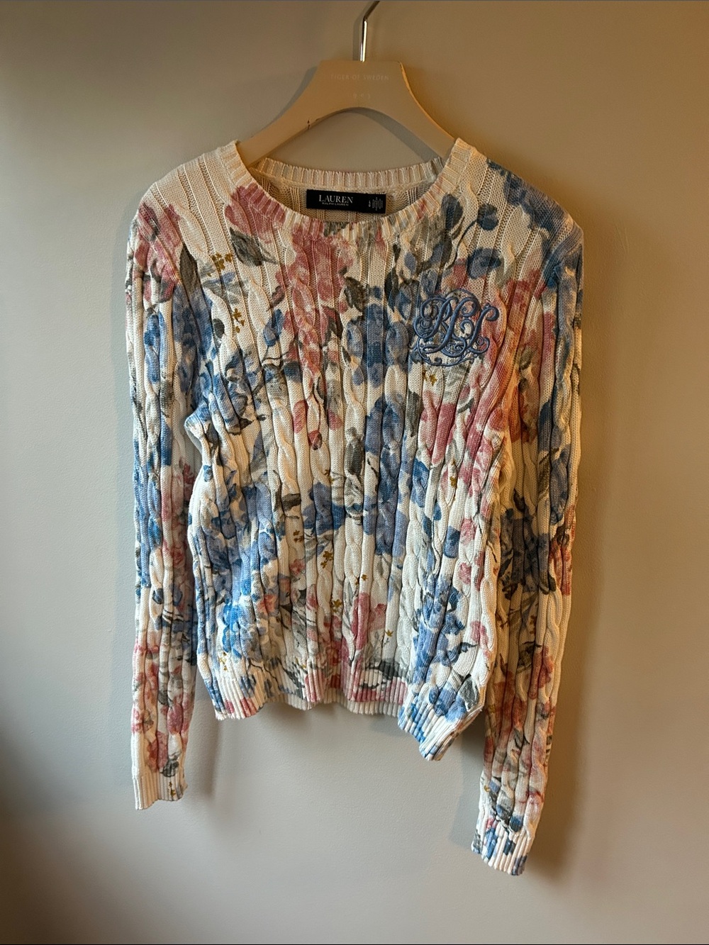 Ralph Lauren Cream Floral Cable-Knit cotton Sweater size L